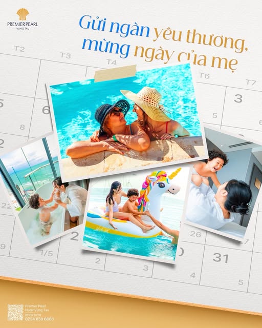 Có thể là hình ảnh về 7 người và văn bản cho biết 'PREMIERPEARL VUNGTAU T2 T3 Gửi ngàn yêu thương, mừng ngày của mẹ T4 T6 8 T7 3 5 SY 22 Co 9 2 1/5 26 2 3 31 然洲ロ Premiar Peari HotelVun TBU 4 BOCK 미부한구볶 0254 650 6666 5'